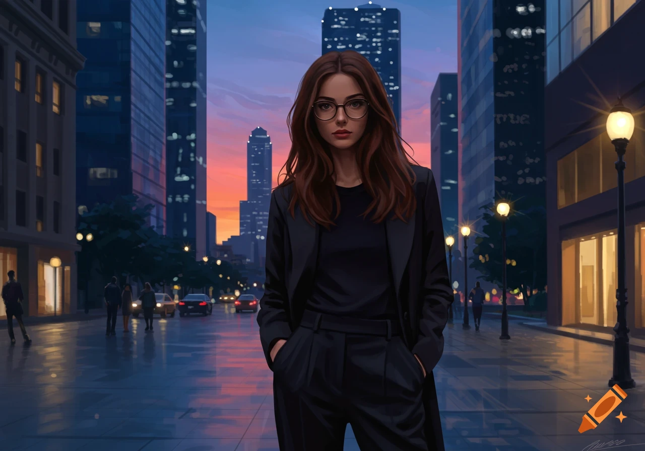 Digital painting of a woman with brown hair and glasses in a black suit, standing on an urban street at sunset.