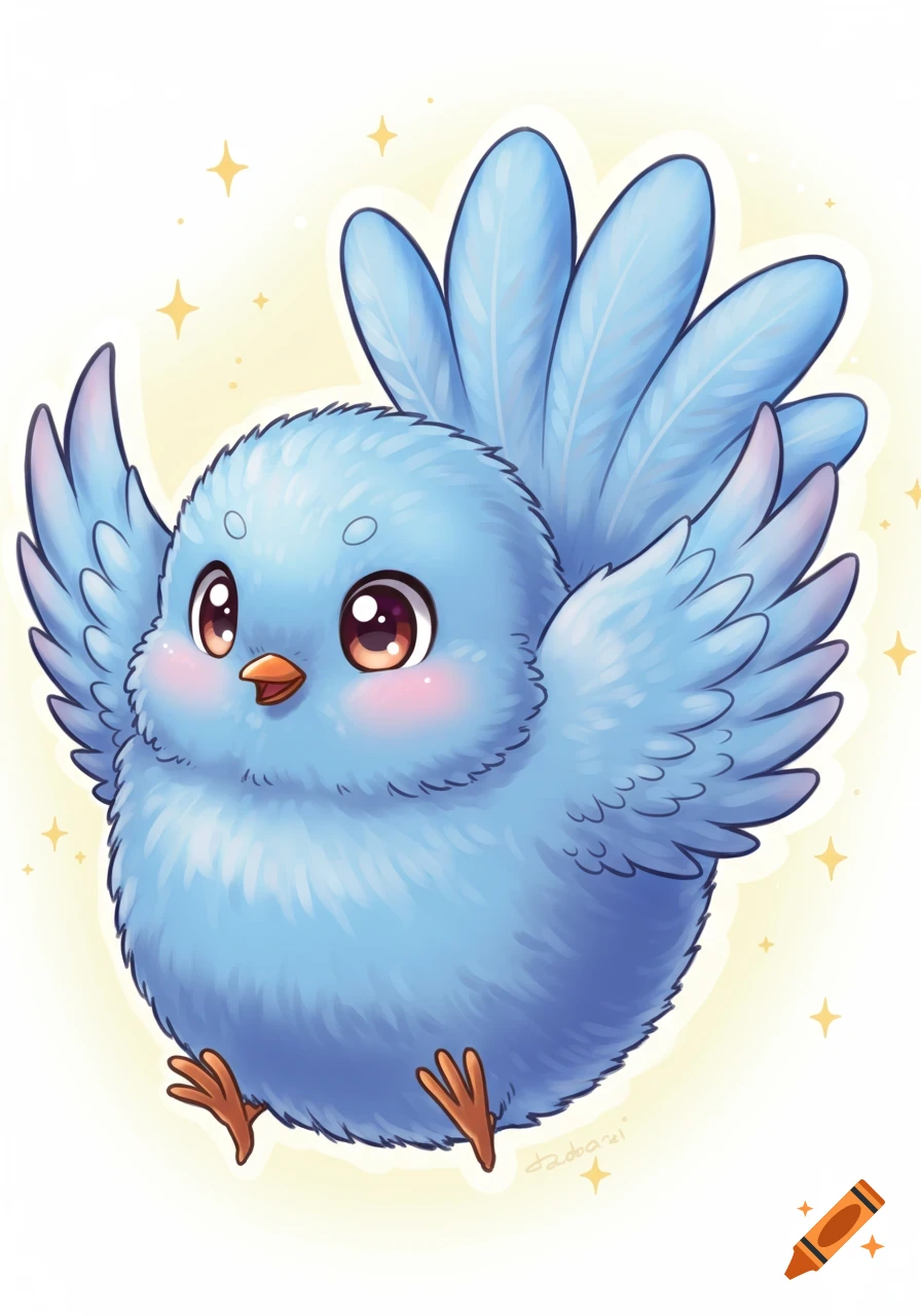 A chubby, fluffy blue cartoon bird with big sparkling eyes and rosy cheeks, wings spread, flying amidst small yellow stars.