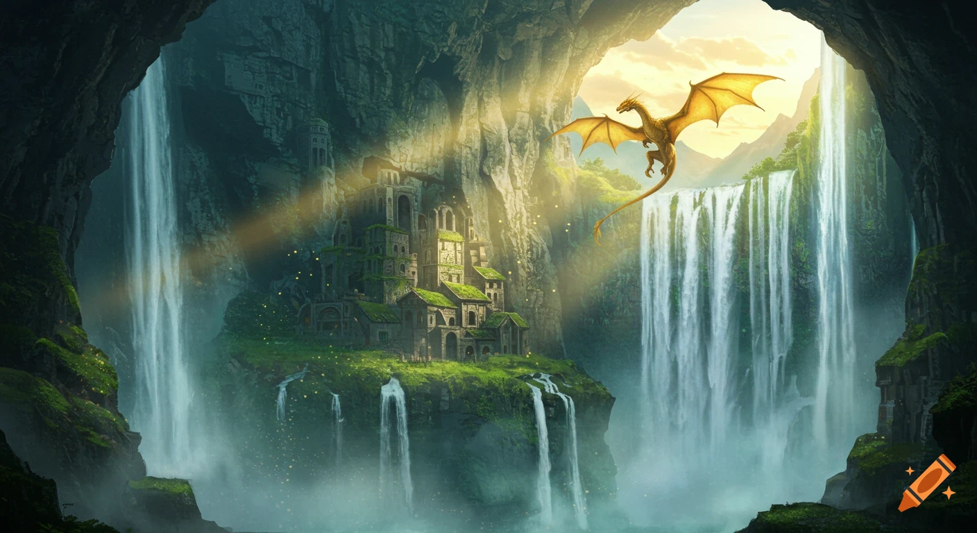 A golden dragon flies from a sunlit cave opening above a fantasy village nestled within a cliff, surrounded by massive waterfalls.