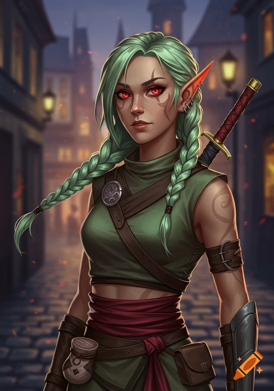 A fantasy portrait of an elf woman with mint green braids, red eyes, pointed ears, wearing a green top, carrying a sword.