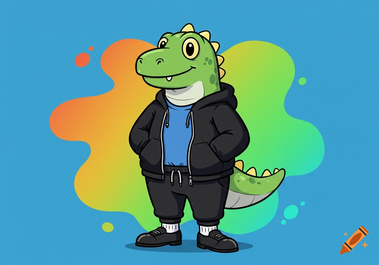 A friendly green cartoon dinosaur in a black hoodie, blue t-shirt, black sweatpants, white socks, and black shoes, standing against a blue and colorful background.