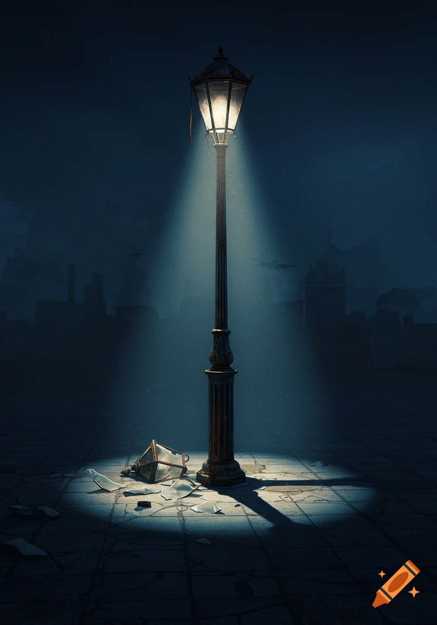 A single broken lamppost illuminates a dark city street, its light dimly shining on scattered shattered glass, with a blurred cityscape behind.
