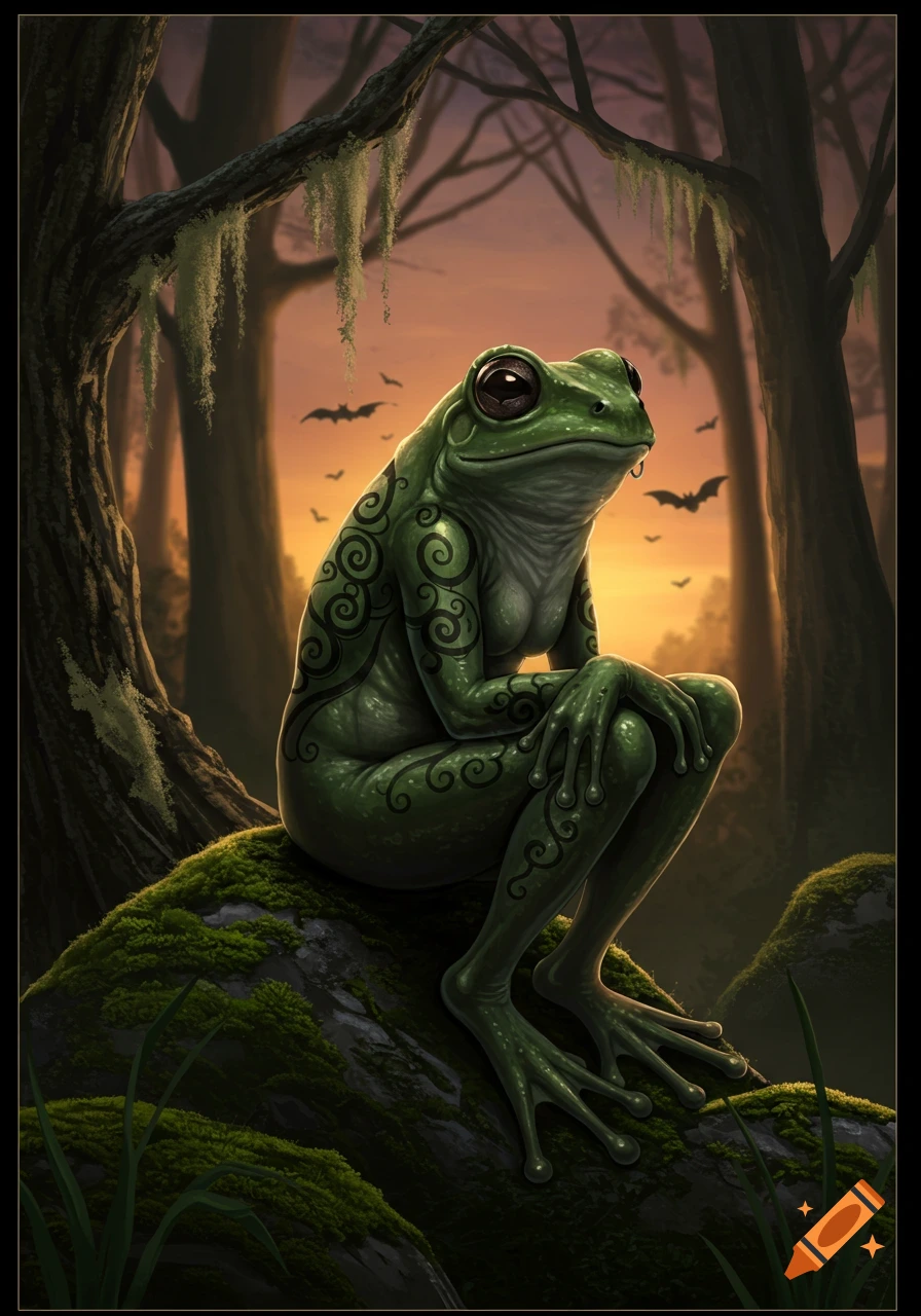 A stylized green frog-like creature with tribal patterns and a nose ring sits on a mossy rock in a dark forest at sunset with bats.