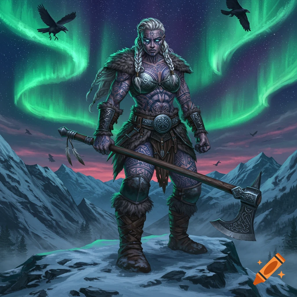 A muscular female Viking rune knight with tattoos, holding an axe, stands on a snowy mountain under the aurora borealis with ravens flying.
