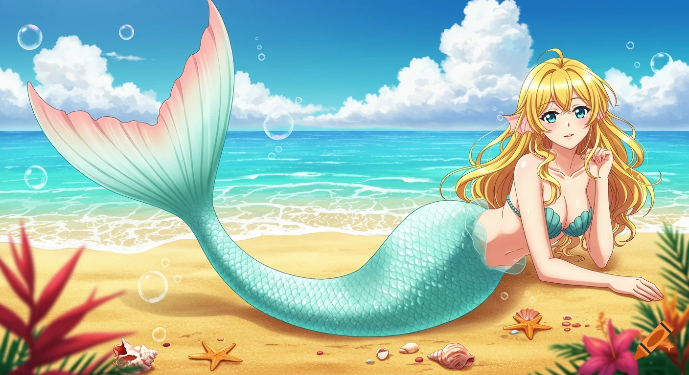 An anime mermaid with long blonde hair and a teal tail lies on a sunny beach, with seashells and tropical plants.