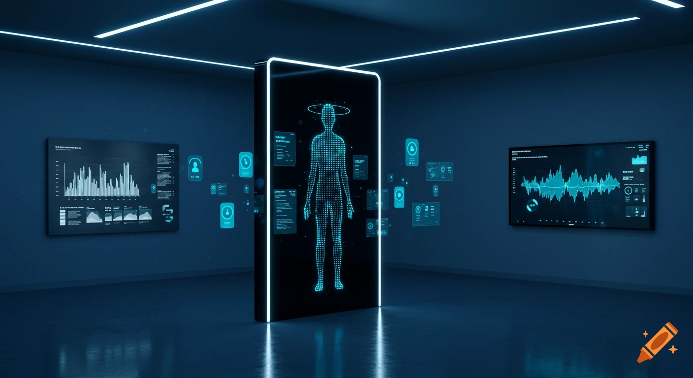 A futuristic room with blue ambient light features a glowing human silhouette made of data particles on a sleek black screen, surrounded by floating holographic data tags and large wall-mounted screens displaying charts and data visualizations.