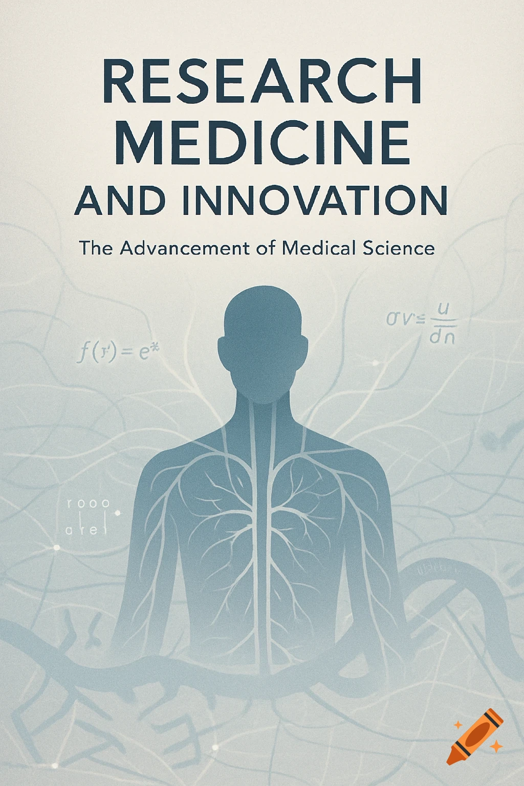 A minimalist book cover features a human torso silhouette with a vascular system, alongside titles "RESEARCH MEDICINE AND INNOVATION" and "The Advancement of Medical Science", set against a light background with abstract lines and mathematical symbols.