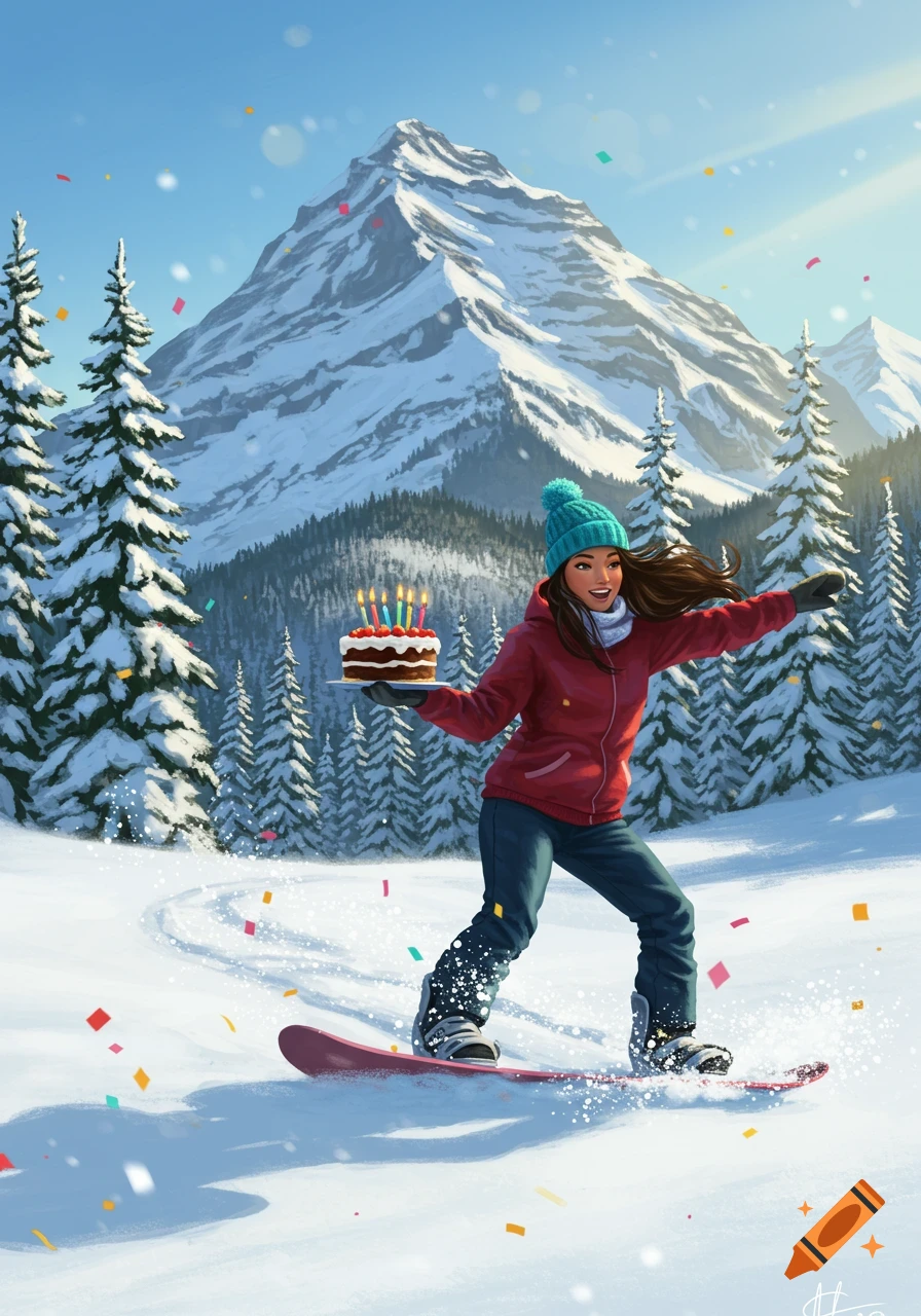 An illustration of a young woman snowboarding down a snowy mountain, holding a birthday cake with lit candles as confetti falls.