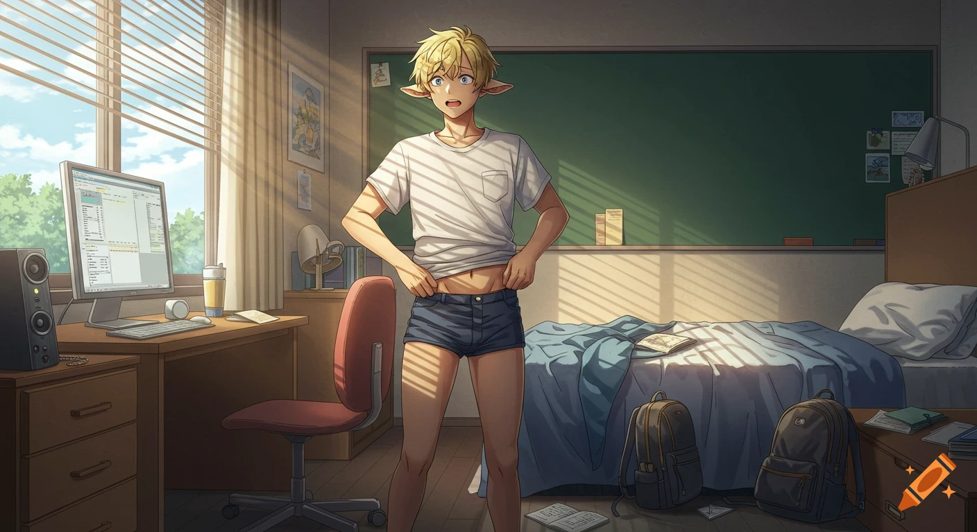 An anime-style elf-eared boy with blond hair, wearing a white t-shirt and blue shorts, pulls at his waist in a sunlit room that is part bedroom and part classroom.