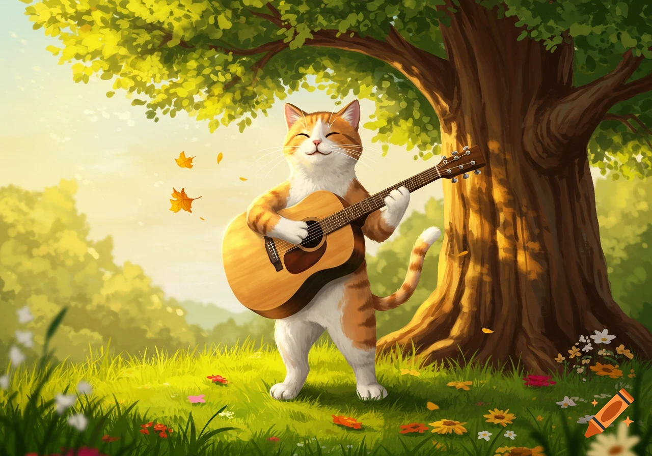 A happy cartoon ginger and white cat plays an acoustic guitar under a large tree in a sunny, grassy field with falling autumn leaves.