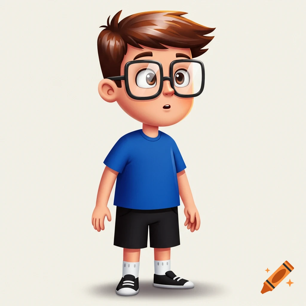 A 2D cartoon boy with short brown hair, square glasses, a royal blue t-shirt, black shorts, white socks, and black sneakers stands looking curious.