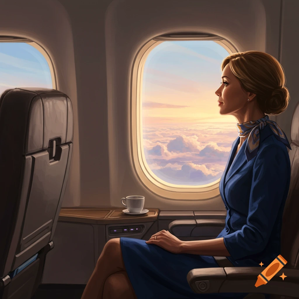 Illustrated woman in a blue uniform looks out an airplane window at clouds and a sunset sky.
