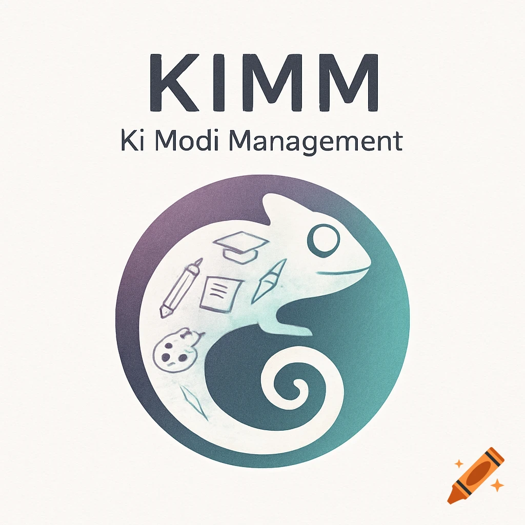 A logo for KIMM Ki Modi Management: a chameleon in a purple and teal circle, filled with learning and creative symbols.