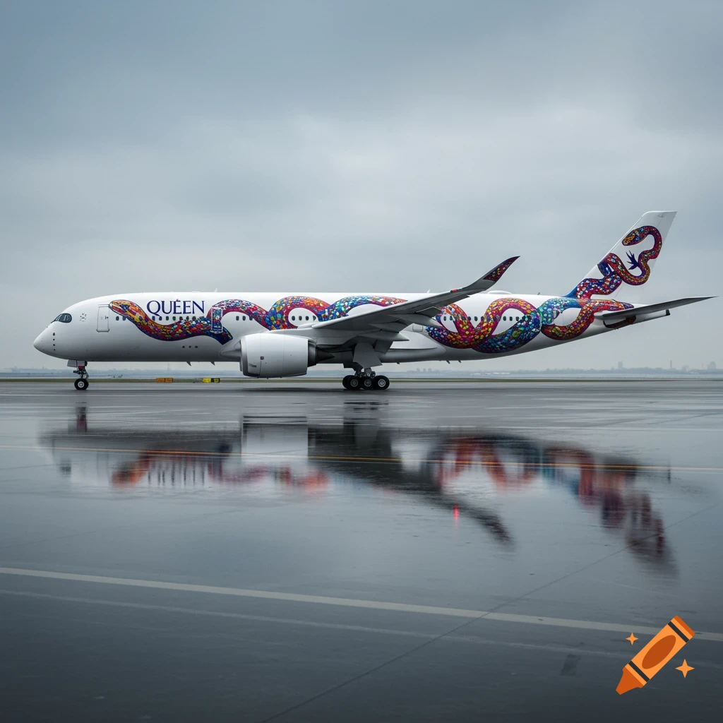 A photorealistic white Airbus A350, painted with colorful, intricate snake designs, stands on a wet airport tarmac.