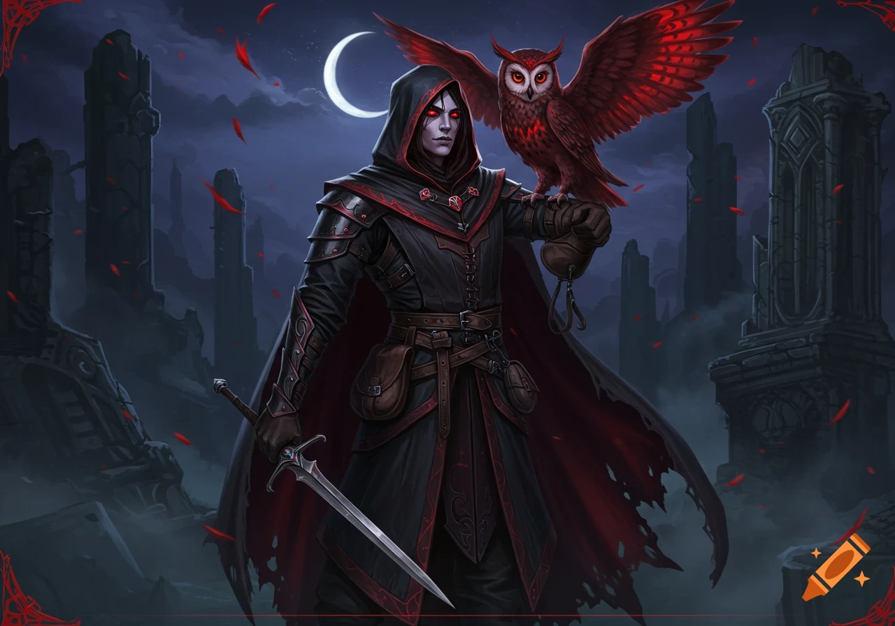 A hooded dark fantasy rogue with a sword, accompanied by a red owl, stands in a ruined landscape under a crescent moon.
