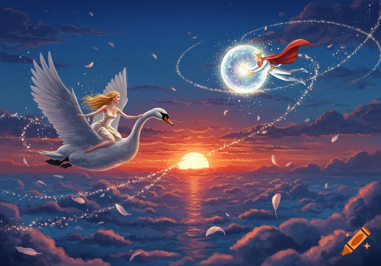 A princess with golden hair on a white swan flies above clouds at sunset, meeting a prince in a glowing orb.