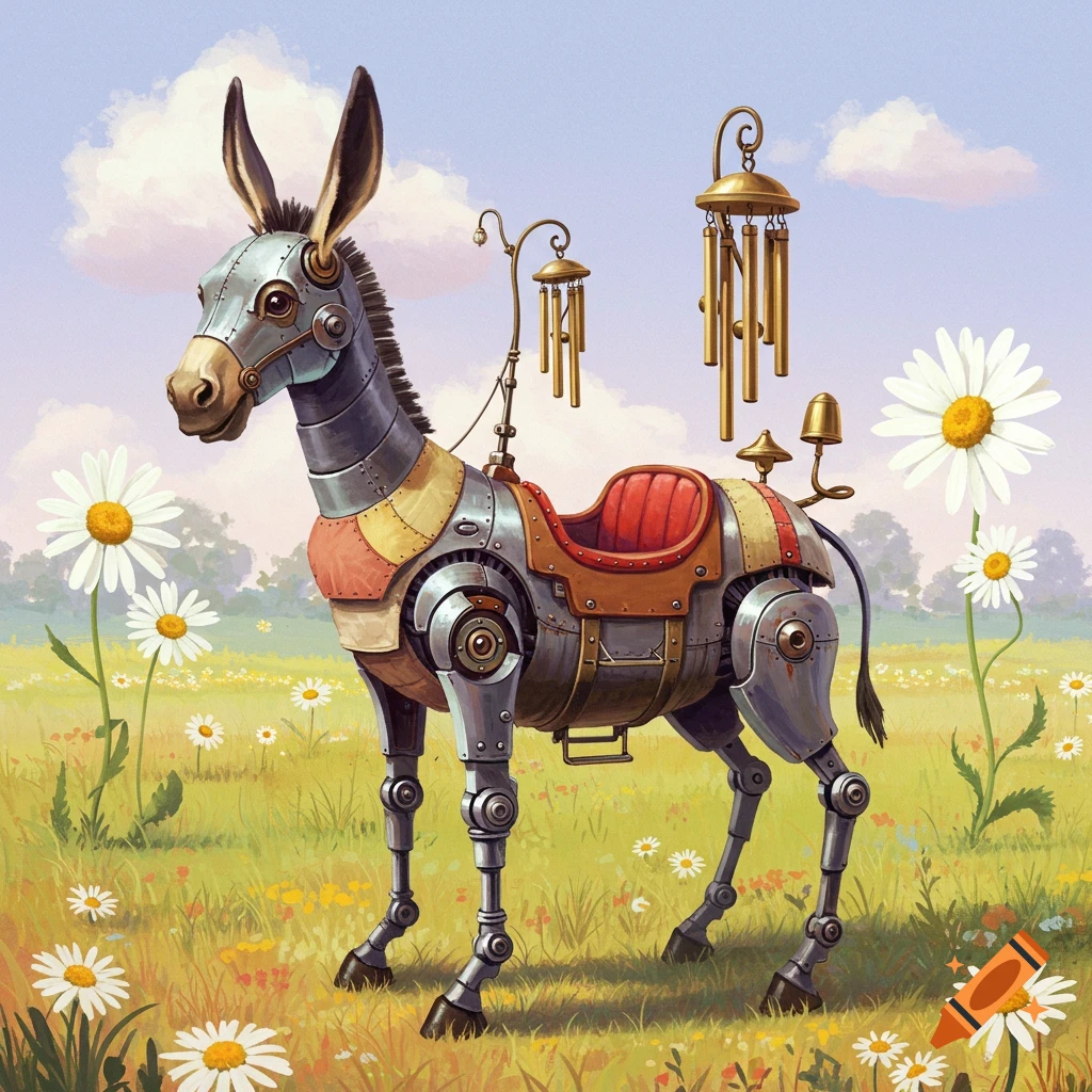 A steampunk mechanical donkey with a saddle and wind chimes stands in a field of white daisies under a blue sky.