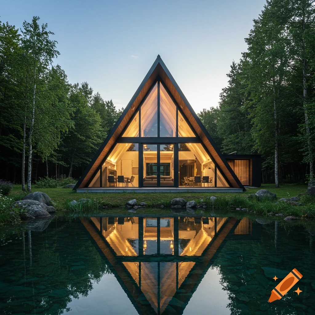 A modern A-frame house with a glass front, lit from inside, reflecting in a pond surrounded by trees at dusk.