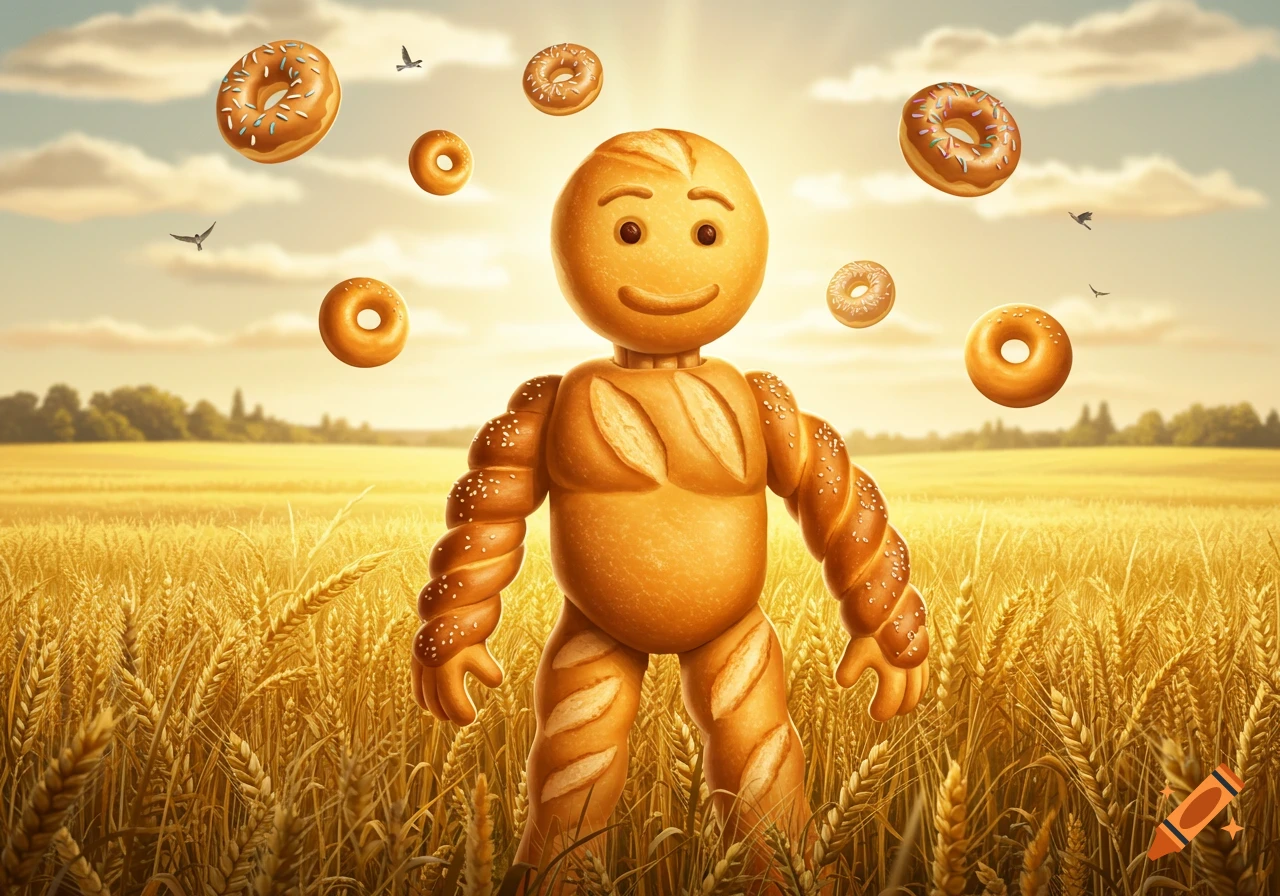 A cartoonish man made of bread stands in a golden wheat field, surrounded by floating donuts, under a sunny sky.