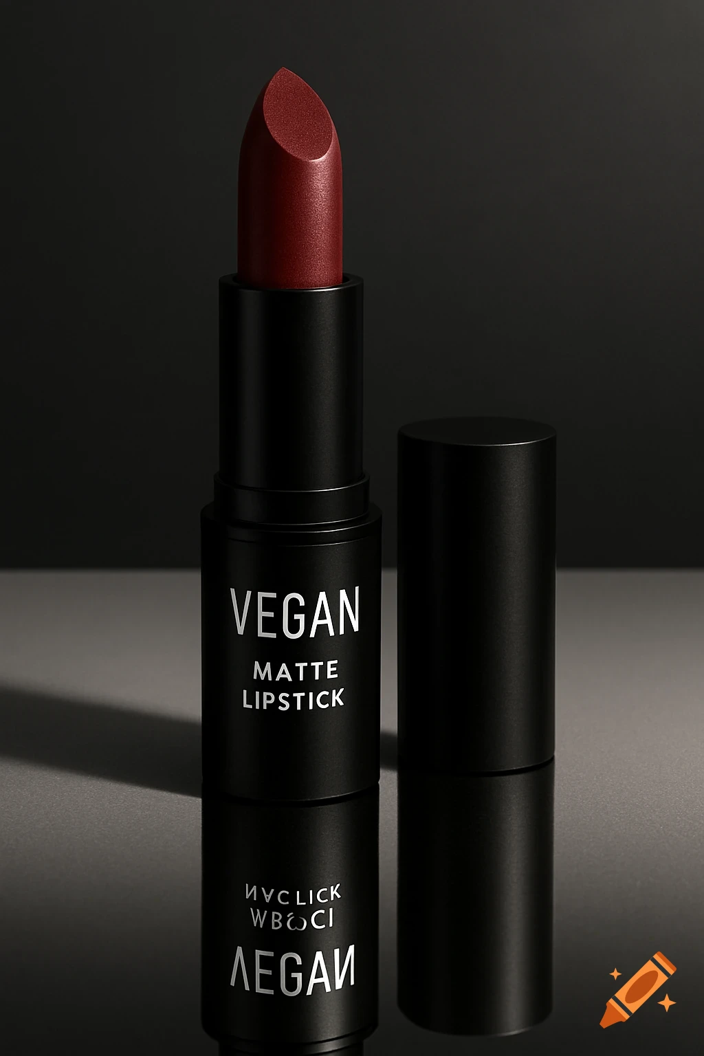 A photorealistic close-up of a dark red matte lipstick in a black tube with its cap off, casting a reflection on a dark surface.