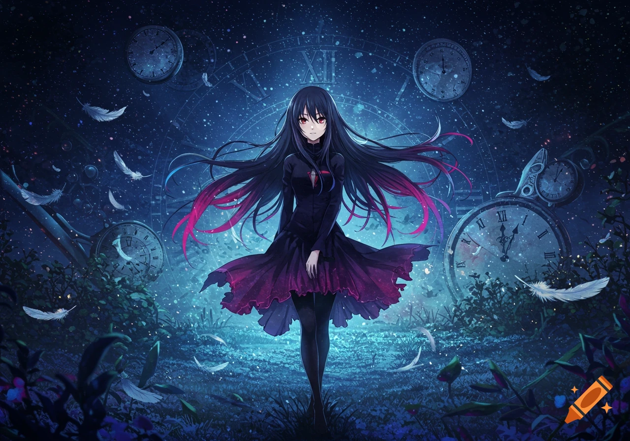 Anime girl with long black and pink hair in a black dress, standing in a magical night forest with floating feathers and clocks.