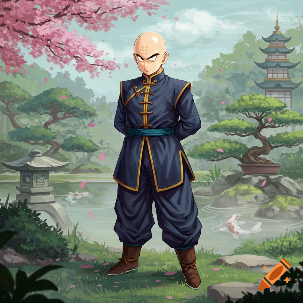 A bald anime character in a blue gi stands in a serene Japanese garden with cherry blossoms, a pond, and a pagoda.