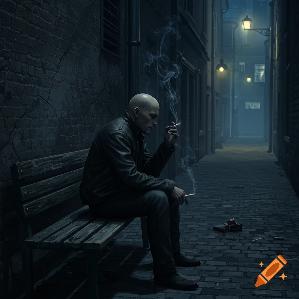 Bald man smoking two cigarettes while sitting on a wooden bench in a dark, gritty alleyway at night.