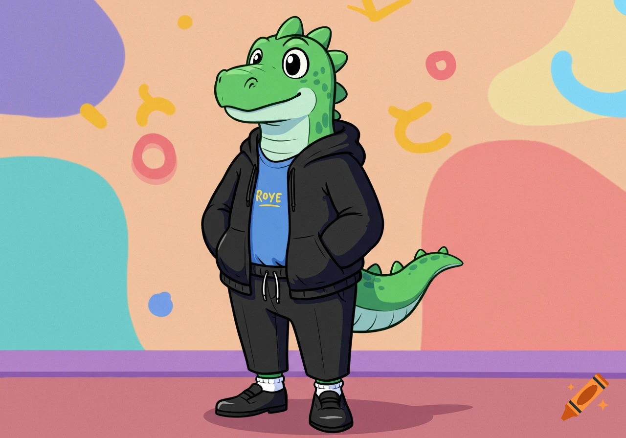A friendly green cartoon dinosaur wearing a black hoodie, blue t-shirt, black sweatpants, white socks, and black dress shoes stands against a colorful abstract background.