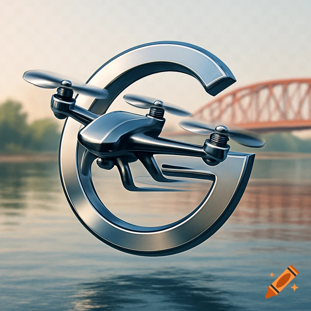 A 3D modern logo of a metallic drone flying through a stylized silver letter G over a river with a red bridge.