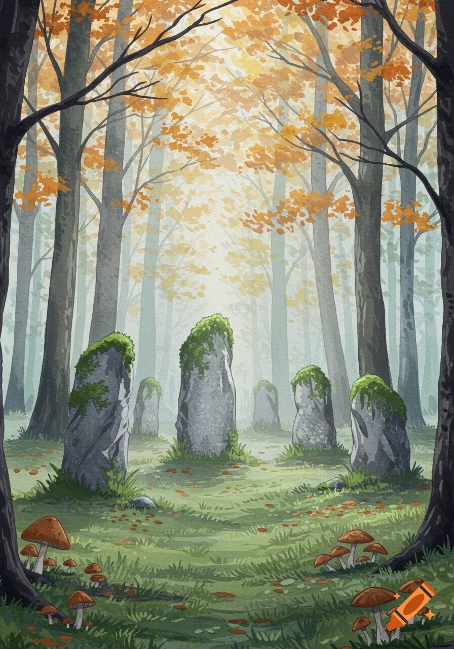 Watercolor of a misty autumn forest clearing with a Celtic stone circle, mossy stones, and mushrooms on the ground.