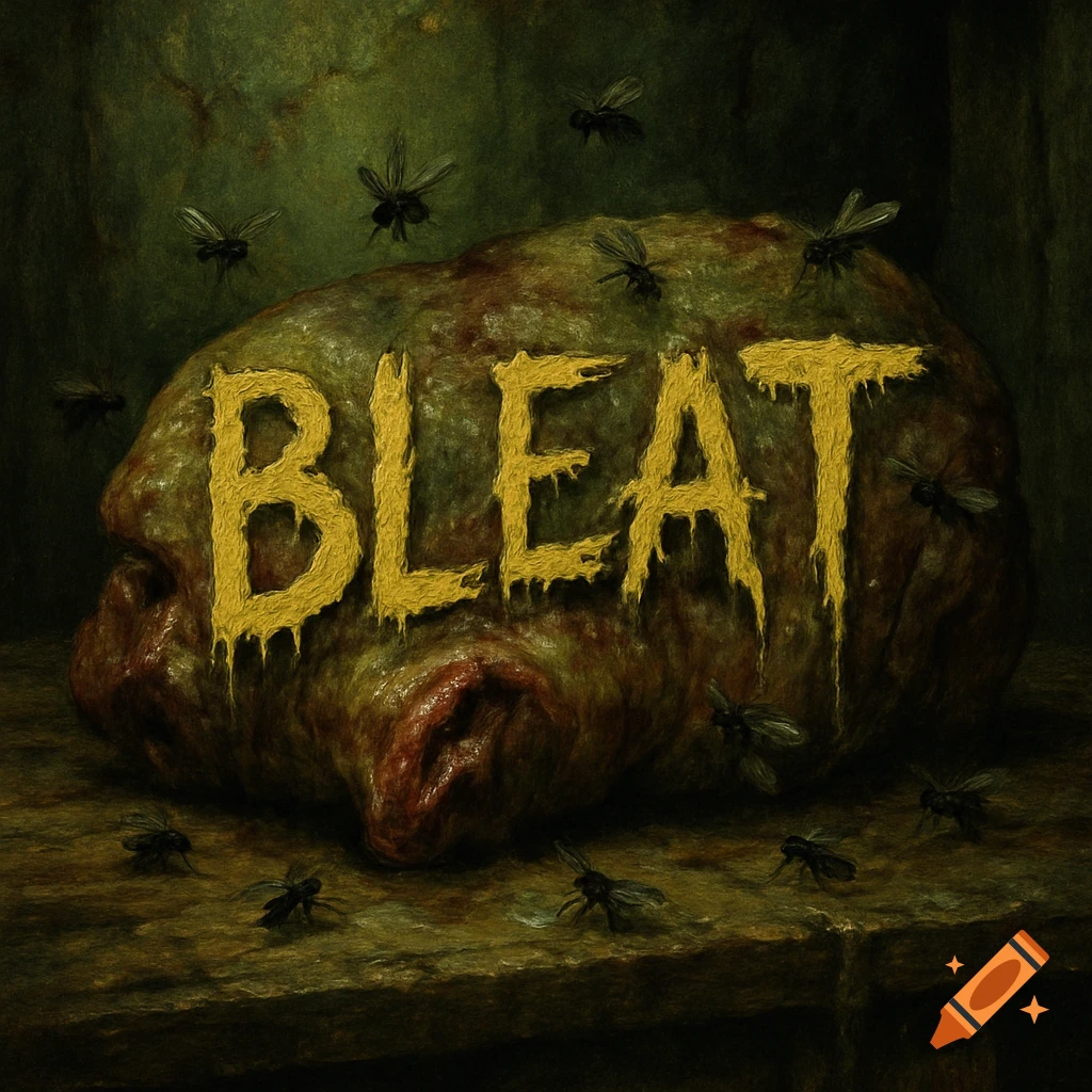 The word 'BLEAT' in dripping yellow letters on a rotten, fly-covered piece of meat, in a dark, grotesque style.