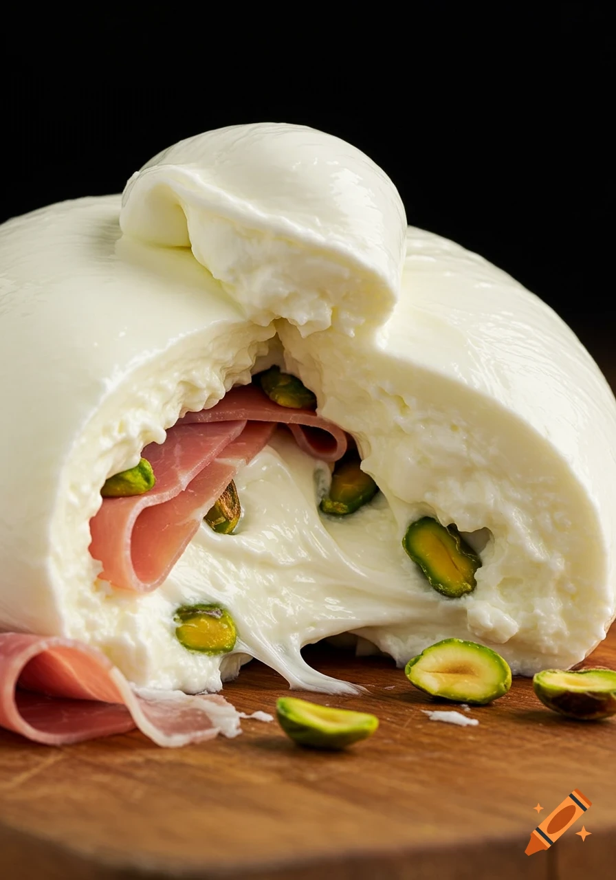 A close-up of a large, shiny burrata cheese ball cut open, revealing pink Italian ham and green pistachios inside, on a wooden board.