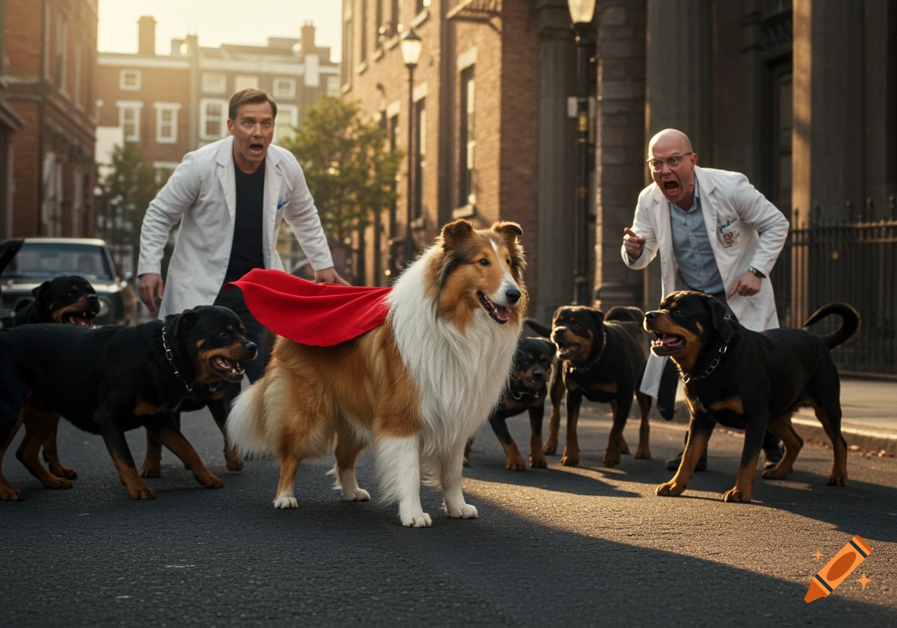 A Collie dog in a red cape confronts angry Rottweilers on a city street, with two alarmed scientists behind them.