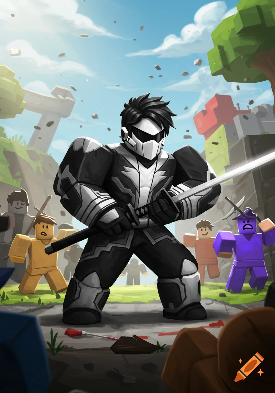 A Roblox character in black and white armor holds a sword, surrounded by various 'noob' characters in a blocky landscape.
