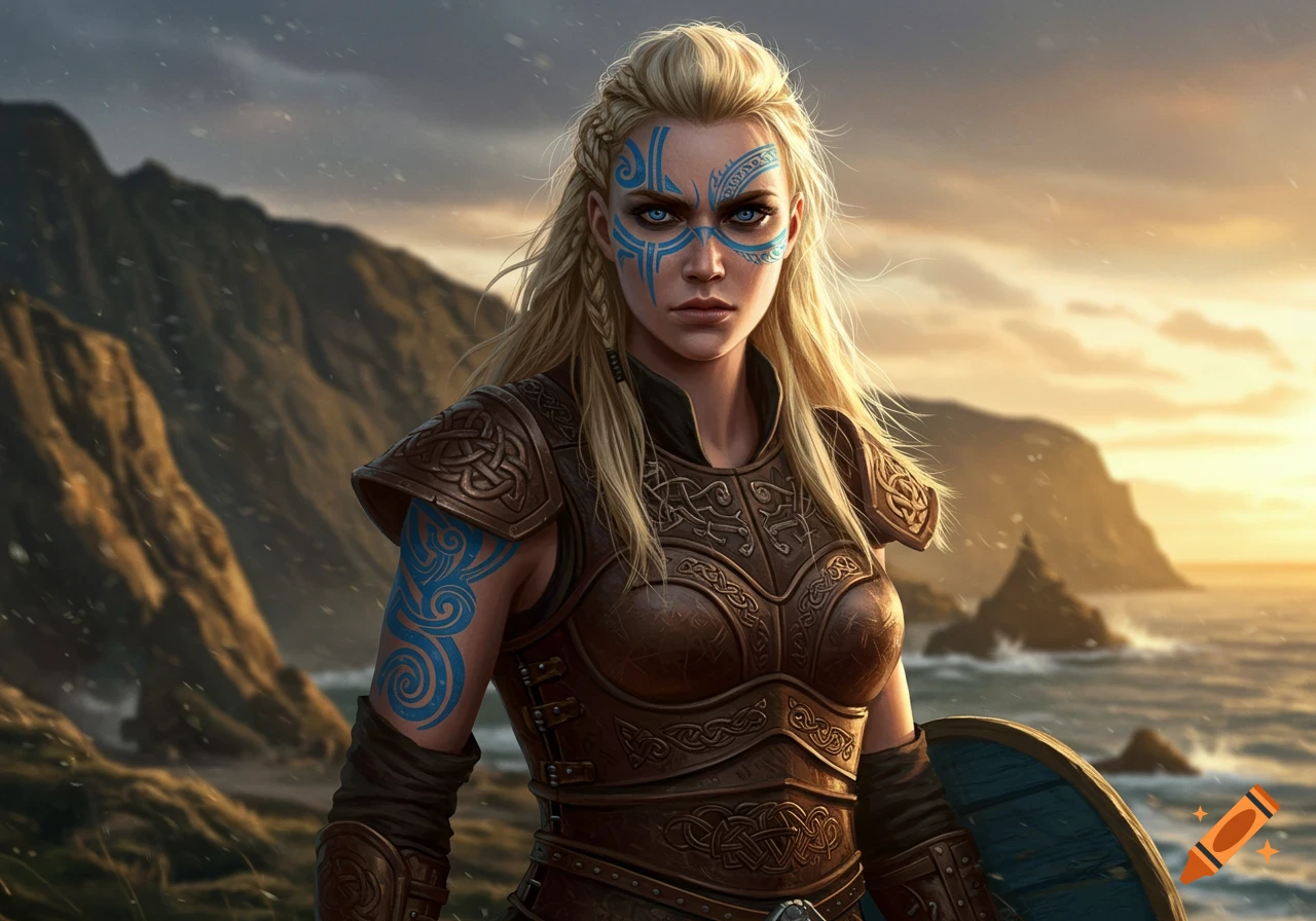 A photorealistic portrait of a blonde female Viking warrior with blue tribal paint and leather armor, standing by a rocky coast at sunset.