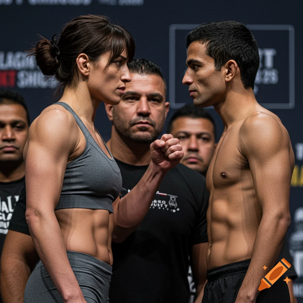 Photorealistic image of a female and male athlete facing off at a weigh-in, a referee visible behind them.