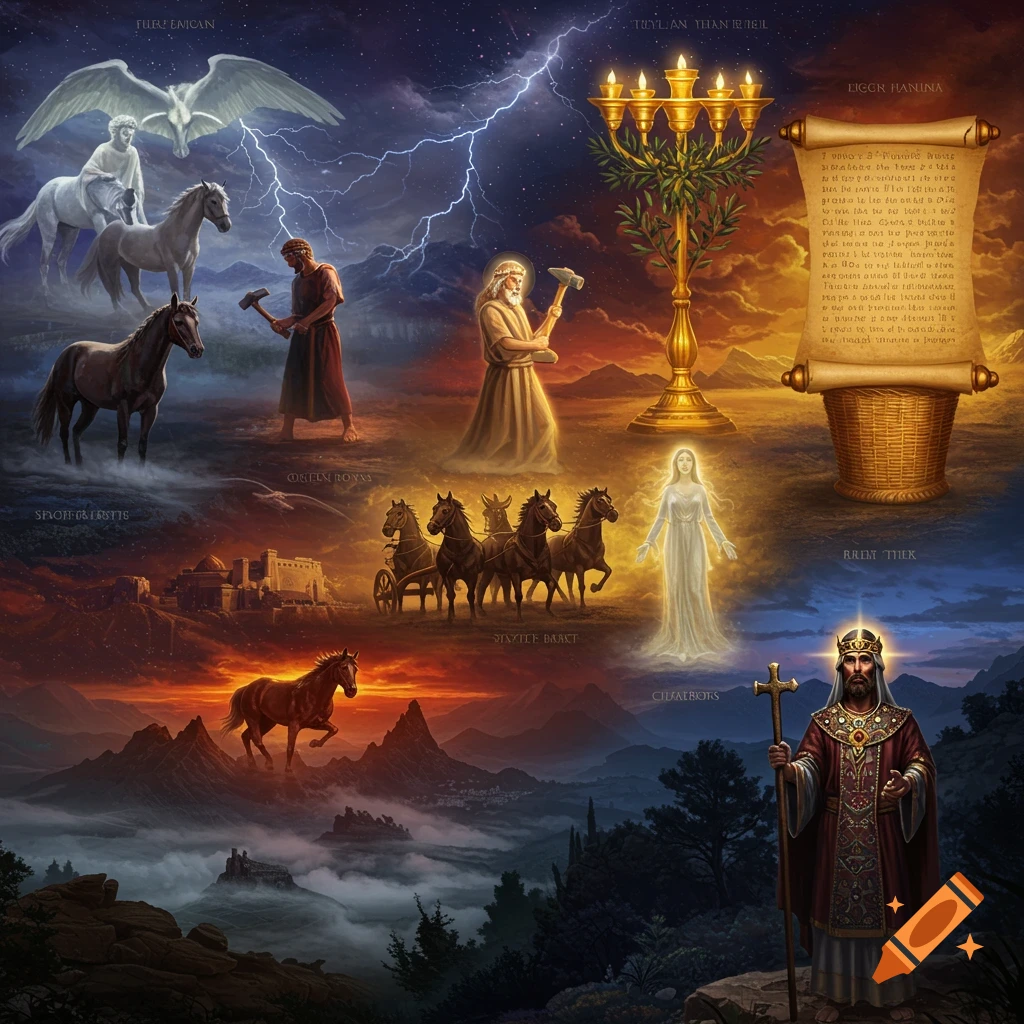 Eight composite fantasy scenes depict biblical figures, horses, chariots, and symbolic objects under dramatic skies.
