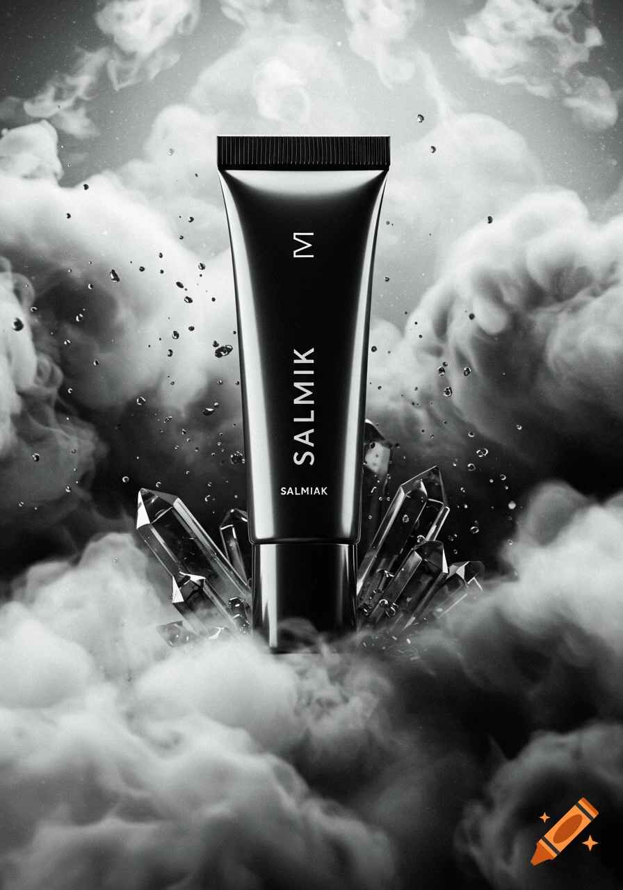 A monochrome photorealistic shot of a black cosmetic tube, marked 'SALMIAK', surrounded by clear crystals, water droplets, and swirling smoke.