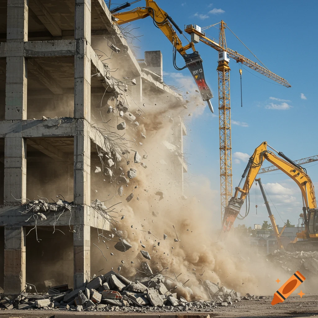 Photorealistic image of a concrete building being demolished by heavy machinery, with dust and debris flying under a blue sky.