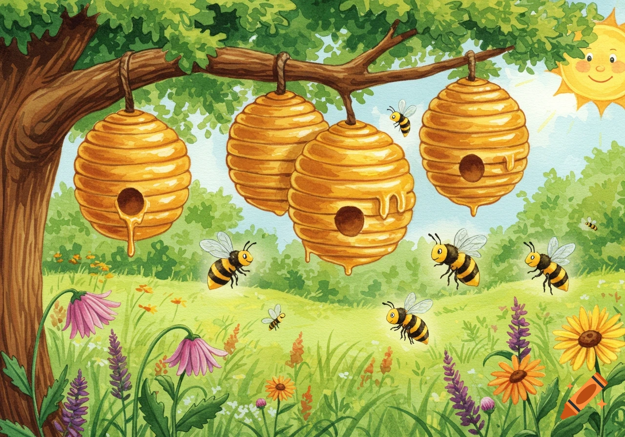 Watercolor illustration of bees flying around golden beehives hanging from a tree branch in a sunny meadow with colorful flowers.