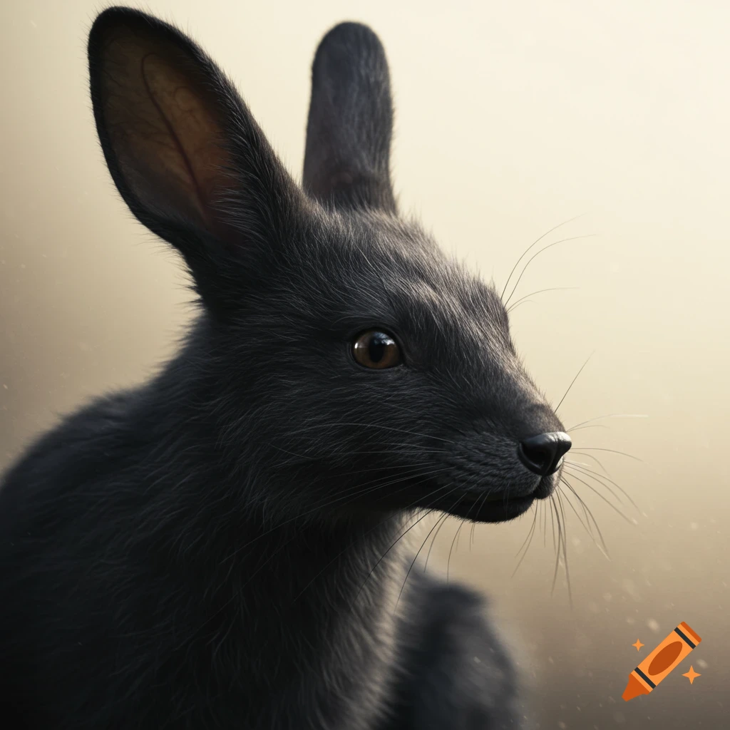 Close-up, hyper-realistic profile of a black rabbit-fox hybrid with amber eyes, against a soft, light-colored bokeh background.