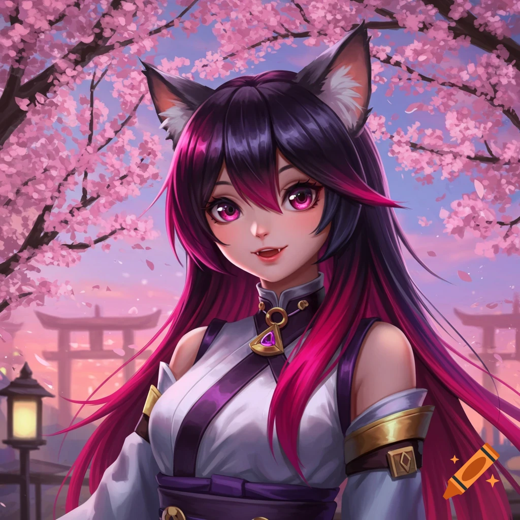 Anime cat girl with dark and pink hair, cat ears, and pink eyes, wearing a kimono under cherry blossoms and torii gates.
