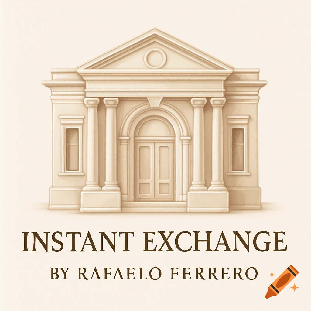 Illustrated logo of a classical beige bank building with 'INSTANT EXCHANGE BY RAFAELO FERRERO' below.