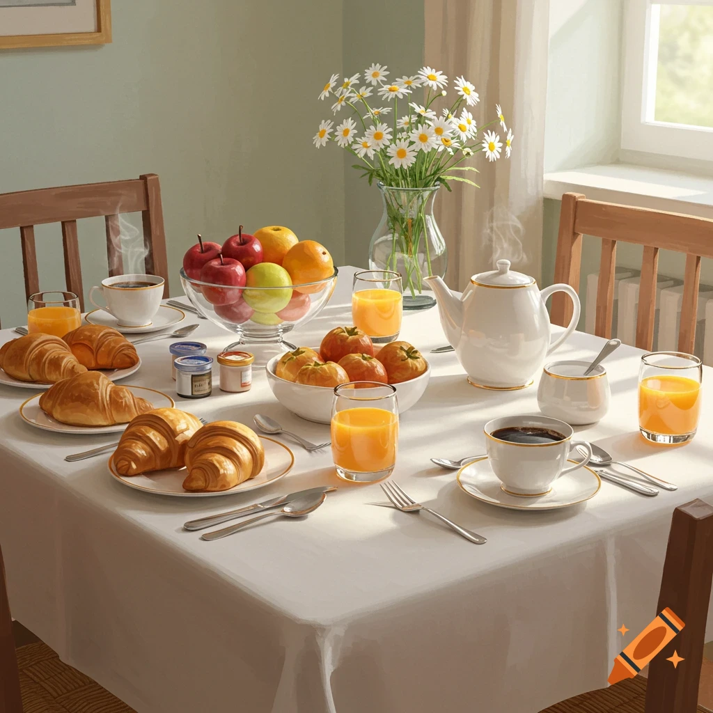 A well-lit breakfast table with croissants, fruit bowls, coffee, orange juice, and a vase of daisies in a photorealistic style.