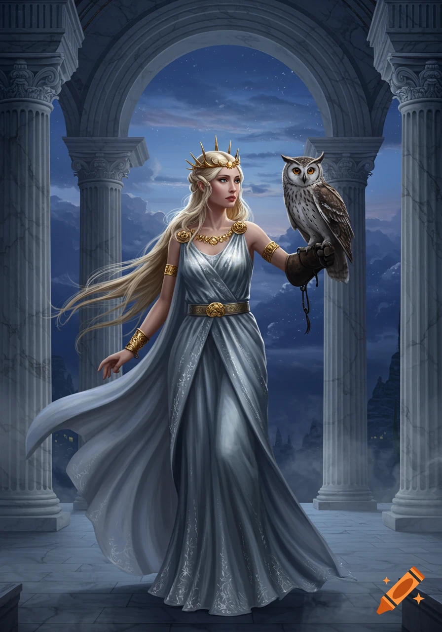A woman in a flowing silver dress and golden crown holds an owl on her gloved hand, standing among classical columns under a starry night sky.