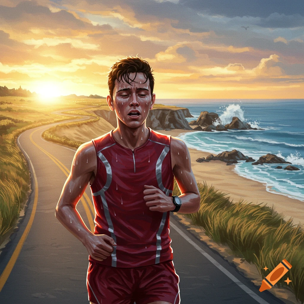 A sweaty man in a red running outfit jogs on a coastal road at sunset, with waves crashing on the beach.
