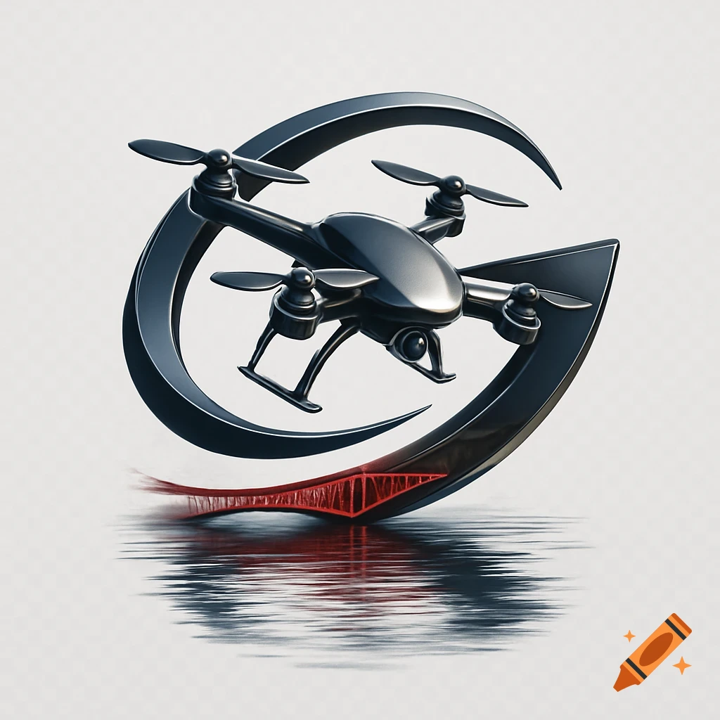 A modern 3D logo featuring a dark gray drone flying through a G-shaped ring, reflecting on water with a red bridge-like element.