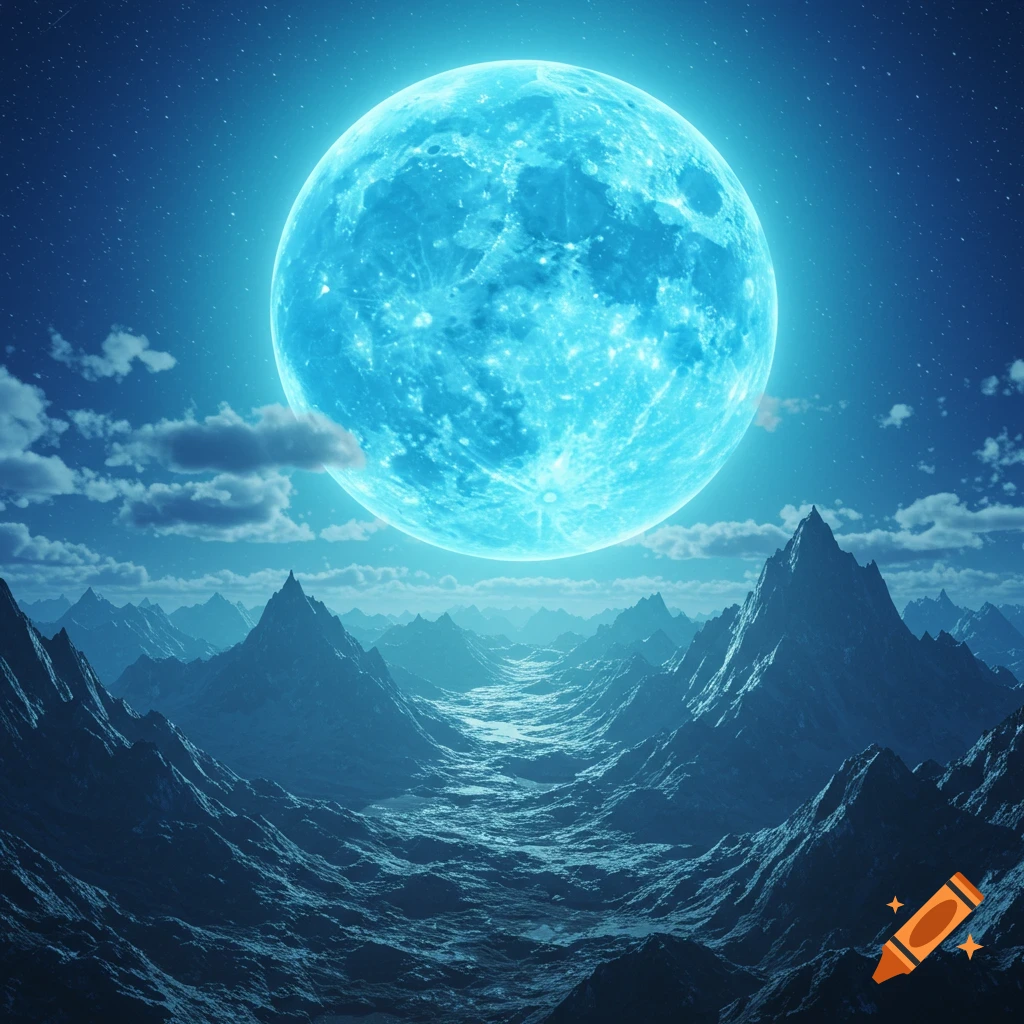 A giant glowing blue moon illuminates a vast, rugged mountain range under a starry night sky.