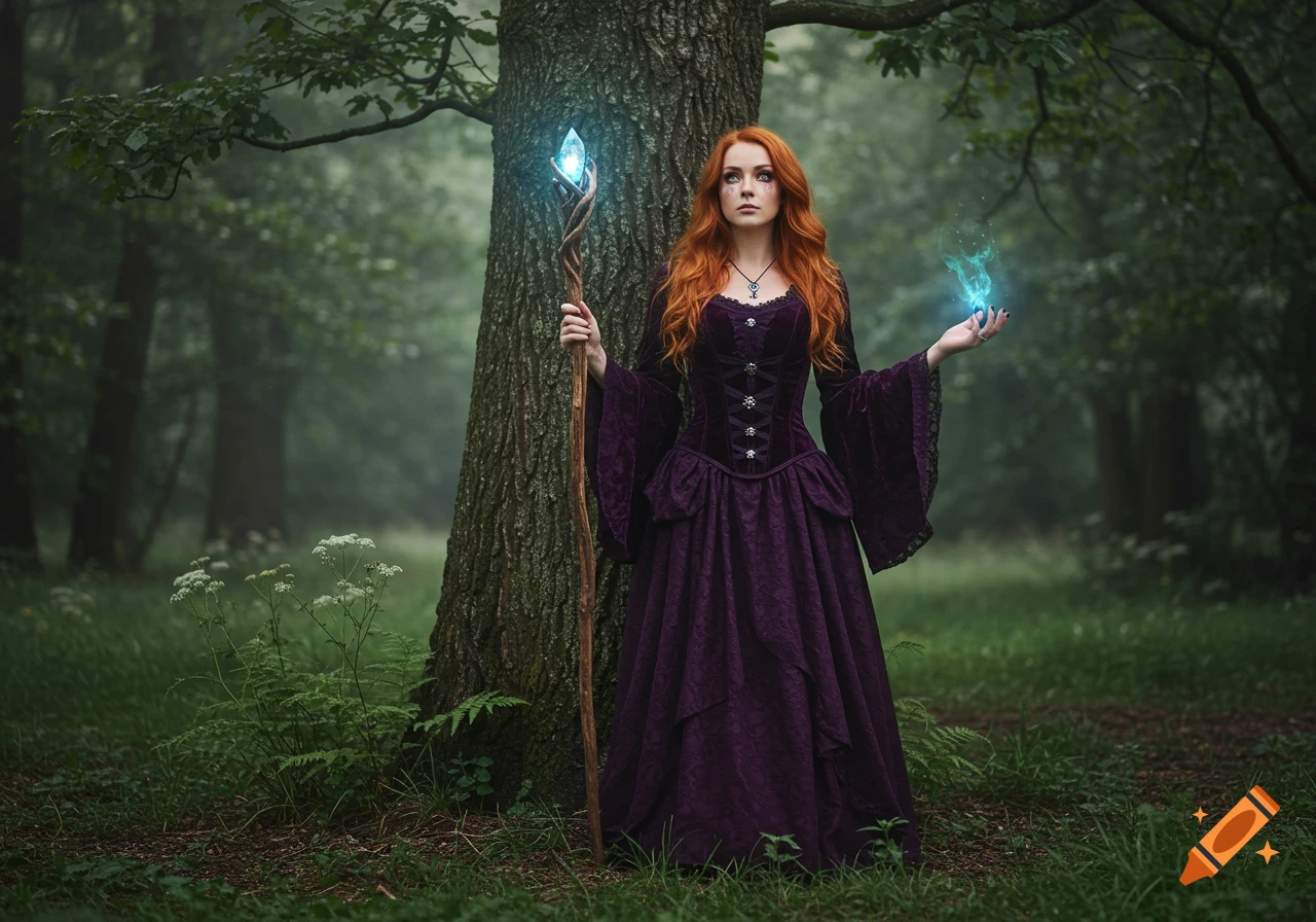 A red-haired witch in a dark purple gown stands in a misty forest, holding a glowing crystal staff and conjuring magic.