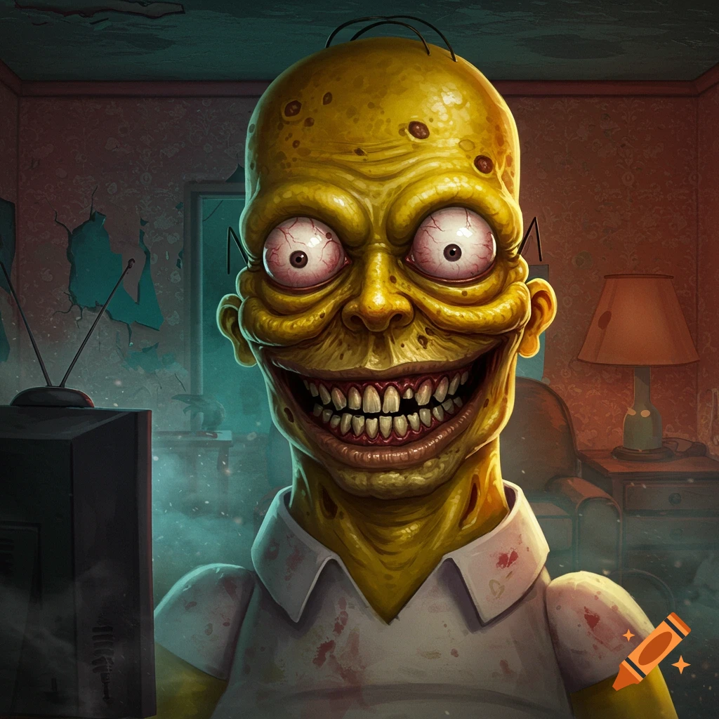 A grotesque, zombified Homer Simpson with large bloodshot eyes, sharp teeth, and a creepy smile, wearing a blood-stained white shirt, in a dimly lit, dilapidated room.